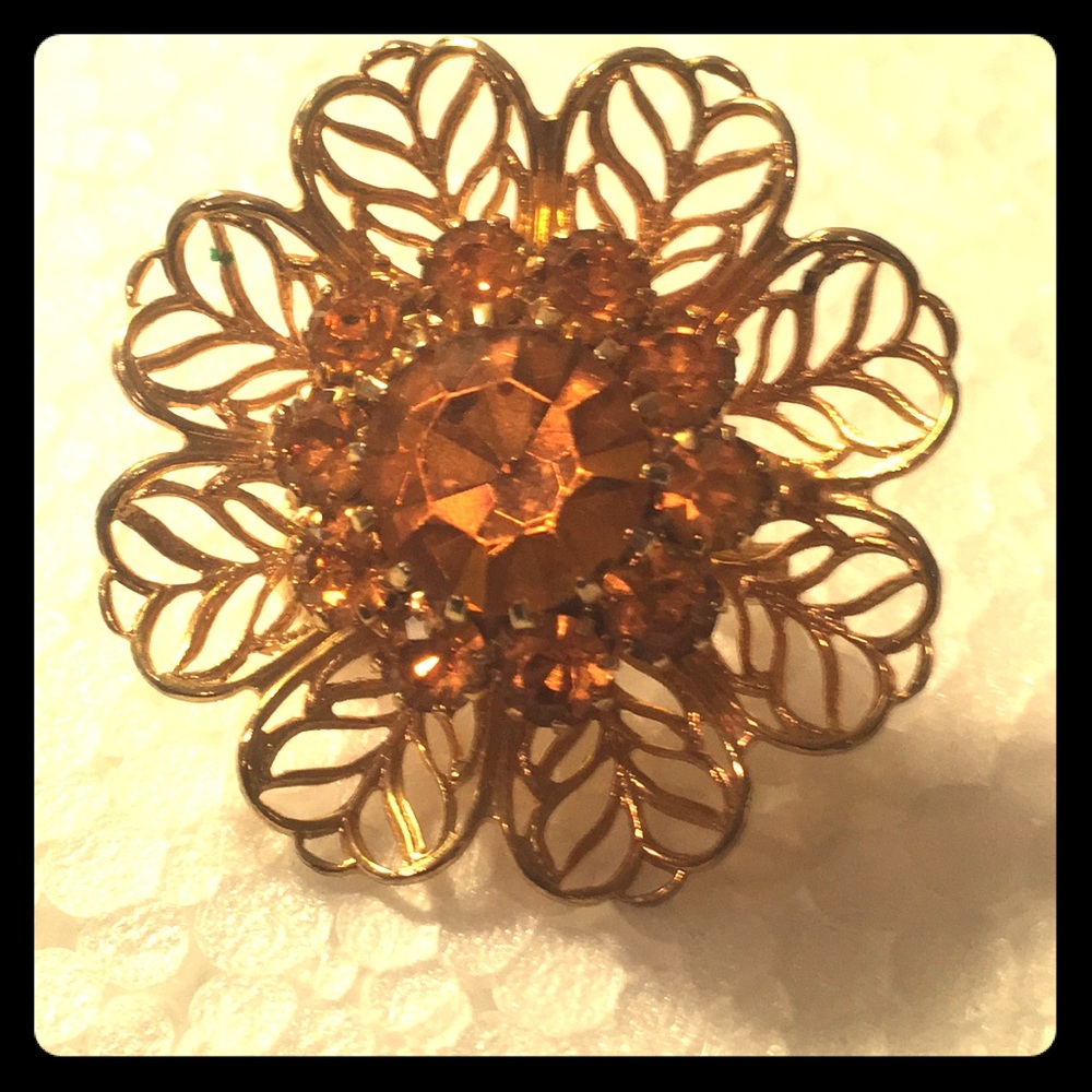 Vintage Gold & Topaz Flower Brooch